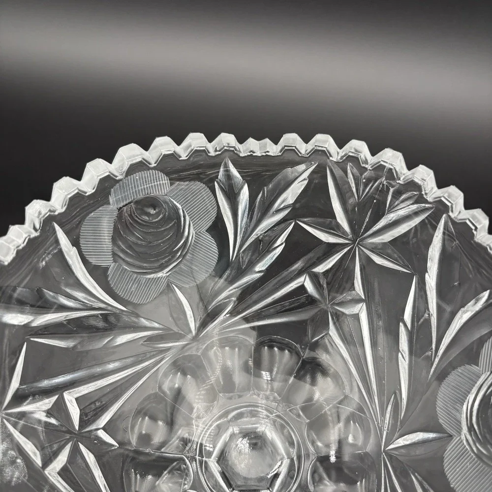 Crystal Cut Glass Pedestal Compote Rose Pattern‎ Scalloped 6 Side Base 7